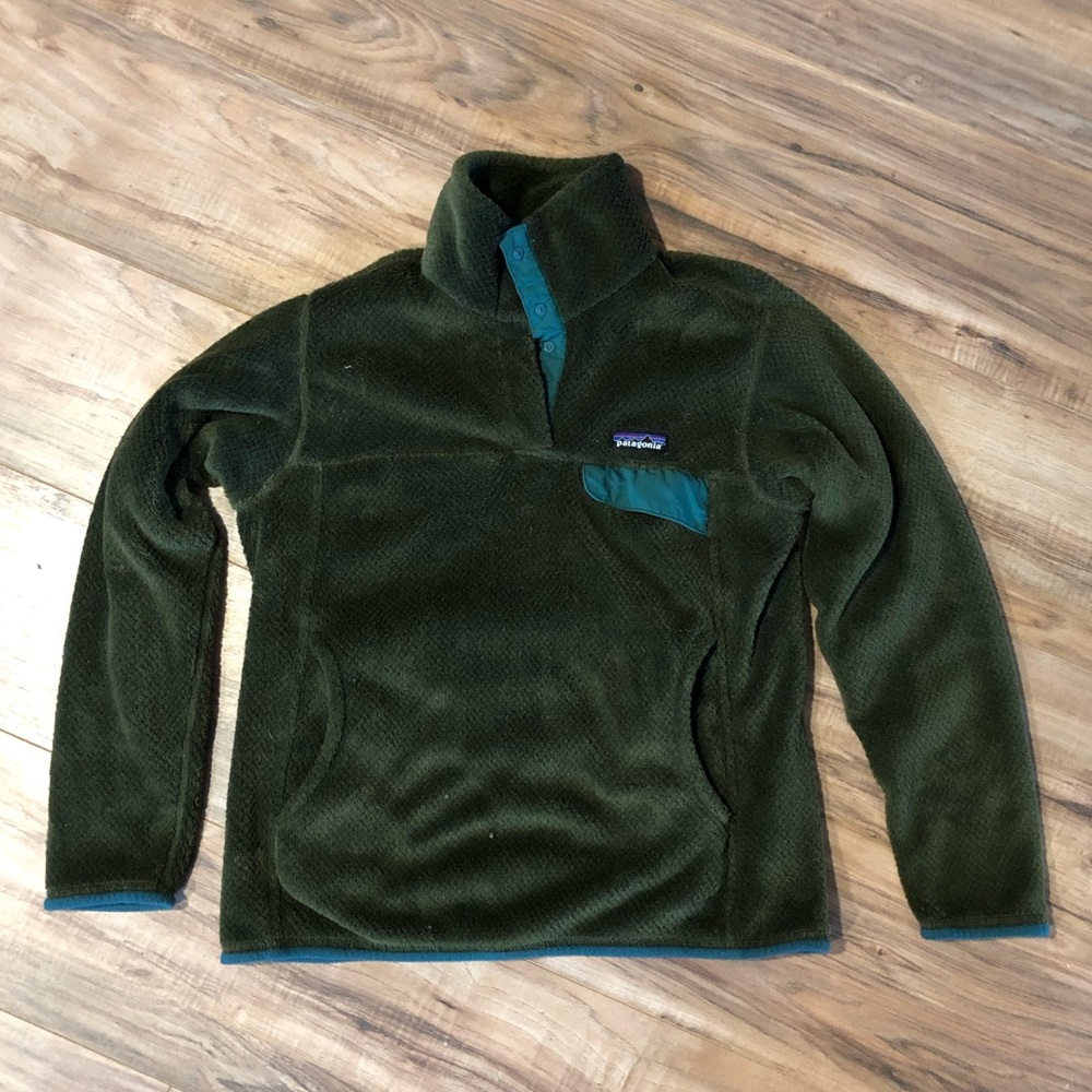 Patagonia Olive Green Fleece Pullover with Teal Trim